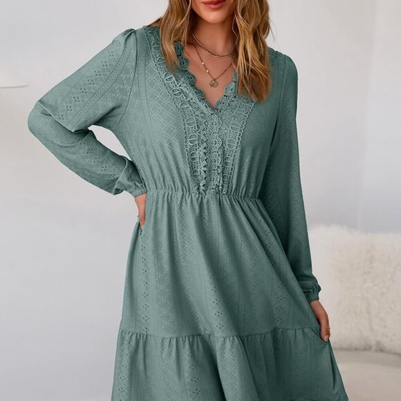 Fall Dresses for Women 2025 Elegant Lace Hollow Out Embroidered V Neck Long Slee - Picture 2 of 6